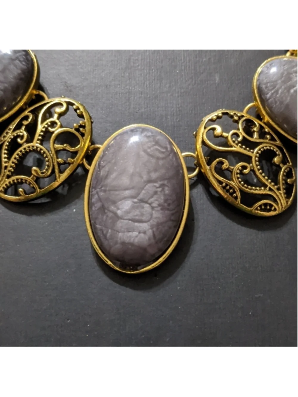 Gold Tone Grey Swirl Oval Filagree Statement Necklace